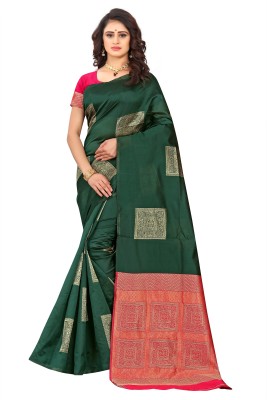 Anjaneya Sarees Self Design Banarasi Silk Blend Saree(Green, Pink)