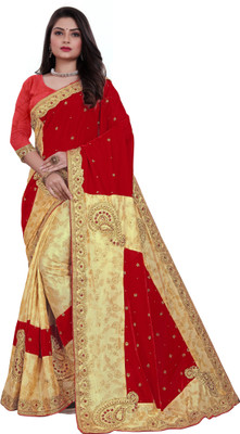SFCS Temple Border, Floral Print, Embellished, Digital Print Bollywood Velvet, Lycra Blend Saree(Red)