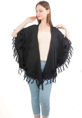 manra Wool Solid Women Shawl(Black)