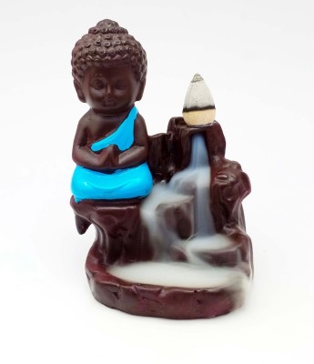 BHATIA Handcrafted Meditating Little baby Monk Buddha Smoke Backflow Cone Incense Holder With 10 Incense Cones Decorative Showpiece - Decorative Showpiece  -  11 cm(Polyresin, Blue, Brown)