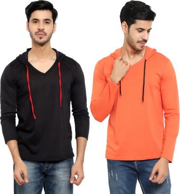 Bribzy Solid Men Hooded Neck Black, Orange T-Shirt