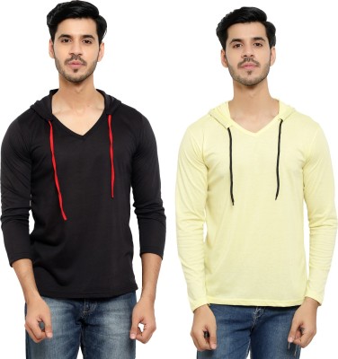 Bribzy Solid Men Hooded Neck Black, Yellow T-Shirt