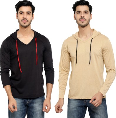 Bribzy Solid Men Hooded Neck Black, Beige T-Shirt