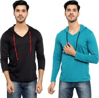 Bribzy Solid Men Hooded Neck Light Blue, Black T-Shirt