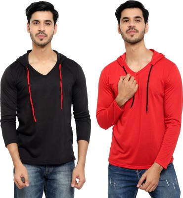 Bribzy Solid Men Hooded Neck Red, Black T-Shirt