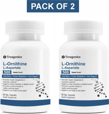 Trexgenics L-ORNITHINE Stable form as L-Aspartate 500mg Urea Detox, Liver Support (60 Vcaps)(2 x 60 No)