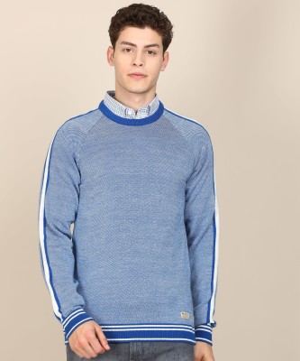 Peter England University Solid Round Neck Casual Men Blue Sweater