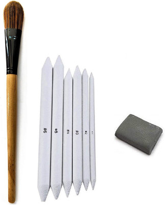 Definite Art Blending Foundation Brush (22 Cm), White Paper Art Blending Stumps or Tortillon for Shading, Blending and Smudging (Pack of 6) and One Kneadable Eraser for Charcoal and Pastel Pencils; Ideal Drawing Set for Students, Professionals, Artists