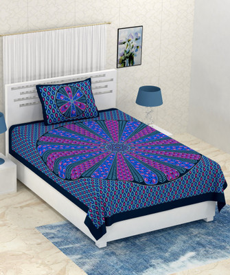 Navkar Creation 120 TC Cotton Single Printed Flat Bedsheet(Pack of 1, Navy Blue)