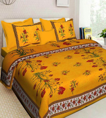 SHREE GOVIND TEXTILES 140 TC Cotton Double Jaipuri Prints Flat Bedsheet(Pack of 1, Yellow, Red)
