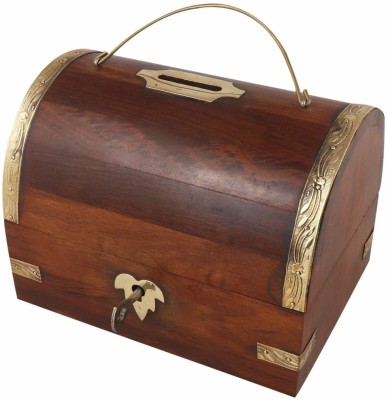 manzees Wooden Sandook shaped Brass Work Coin Box, Money Collecting Piggy Bank for Kids Use. 5*3.5*4 inch Coin Bank(Brown)