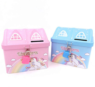 Spocco Pack of 2 House Shape Unicorn Printed Metal Coin Bank Piggy Bank for Kids with Lock and Key Coin Bank Design is Unicorn Imprint Coin Bank(Blue, Pink)