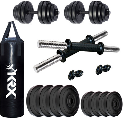 KRX 20 kg PVC-DM-20KG-COMBO 16 ((3 kg x 4)+(2 kg x 4)) with Unfilled Punching Bag, Home Gym Combo