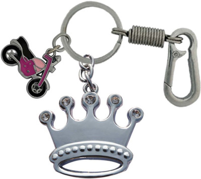 SHOKY LOOKS King Queen Diamond Stone Crown with pink bike and Locking Hook Full Metal Car Bike Men Women Girl Boy Gift Key ring. Key Chain