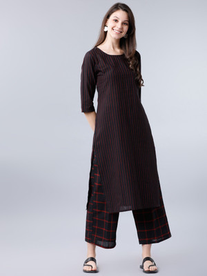 Vishudh Women Striped Straight Kurta(Red, Black)