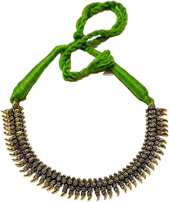 athizay Gold oxidised necklace with lime green tread choker for women Brass Choker