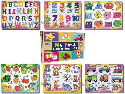 Kp Enterprise Set of 6 Puzzles Wooden Puzzle for Kids, Wooden Colorful Learning Educational Board for Kids Includes ABC, 123, Fruits, Numbers, Animals, Vehicles, Alphabet - Multi Color(Multicolor)