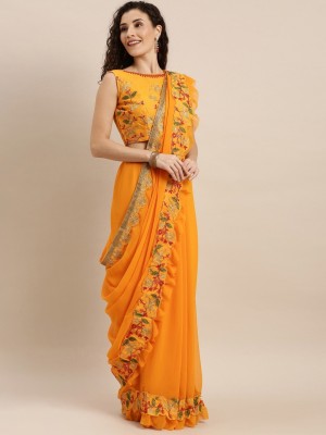 BOVTY Embroidered Bollywood Silk Blend Saree(Yellow)