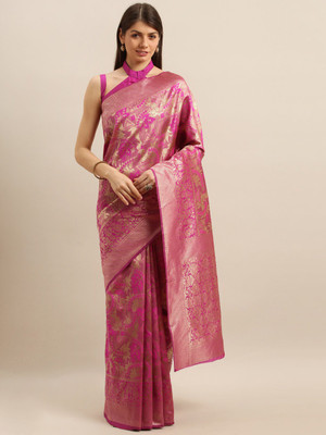 BOVTY Woven Kanjivaram Silk Blend Saree(Pink)