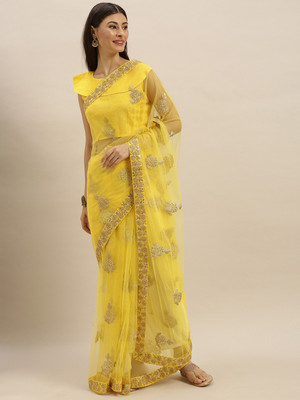Shavya Embroidered Bollywood Net Saree(Yellow)