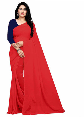 V And V Shop Solid/Plain Bollywood Chiffon Saree(Red)