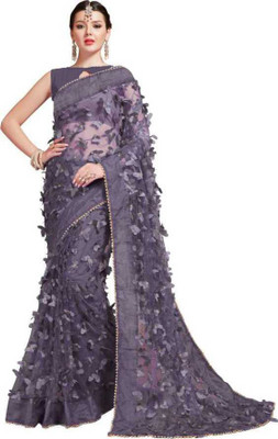 M5STUDIO Printed Tant Net Saree(Grey)