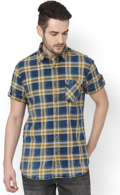 MUFTI Men Checkered Casual Blue Shirt