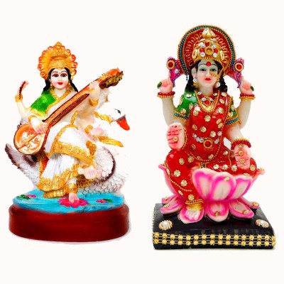 Green Value Combo of 02 God Goddess Mata Saraswati and Goddess Laxmi idol murti for diwali decorative for Pooja and Mandir and Temple Decorative Showpiece  -  18 cm(Polyresin, Multicolor)