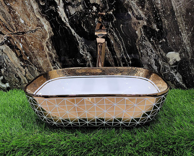 Tap & Tile Most Marble Printed Table top Basin Dimension 18x13x5 Countertop, Tabletop Most Bathroom Sink/Basin, Rose Gold White Table Top Basin(Gold)