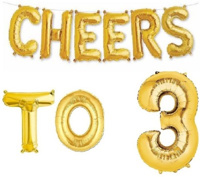 Balloonistics Solid Gold Cheers to 3 Foil Balloon Combo Foil Balloon for Birthday and Anniversary Celebration 16 Inches Balloon(Gold, Pack of 1)