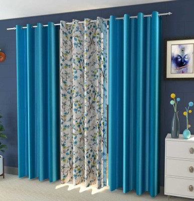 DECOROLOGY 152.4 cm (5 ft) Polyester Room Darkening Window Curtain (Pack Of 3)(Floral, Solid, SKY BLUE)