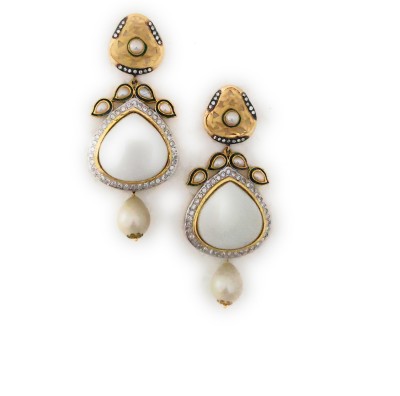Preet Art Jewellery Antique gold plated oxidised american diamond pearl meenakari white stbig stones long earrings. Pearl, Diamond Brass, Glass Drops & Danglers