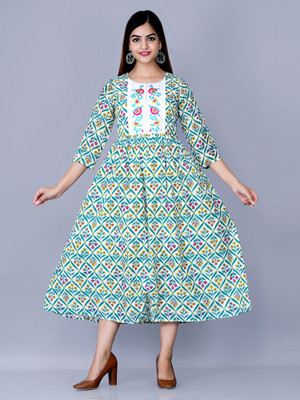 Janakdulari Creation Women Printed Flared Kurta(Blue)