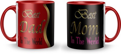 Youth Style "Best Dad Best Mom" Printed inner colour red Coffee and Tea Ceramic- 11Oz Black Gift for Birthday , anniversary Couple, beutyfull set of 2 3t- 957 Ceramic Coffee Mug(330 ml, Pack of 2)