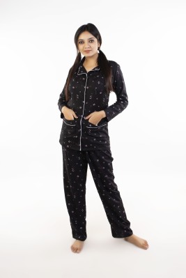 Unique Creation Women Printed Black Shirt & Pyjama set