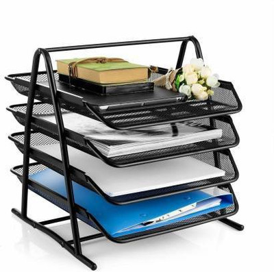Keetoz 4 Compartments Metal Document Tray(Black)