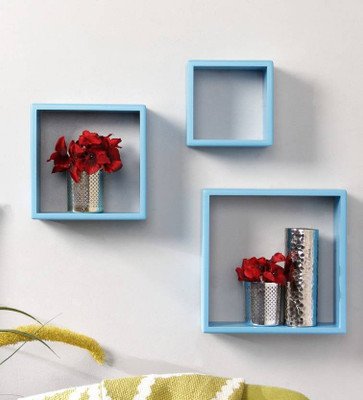 FIANAAF ENTERPRISE Squared Shape Wall Rack Wall Shelf for Living Room Décor Gifting Item Set of 3 MDF (Medium Density Fiber) Wall Shelf(Number of Shelves - 3, Blue)