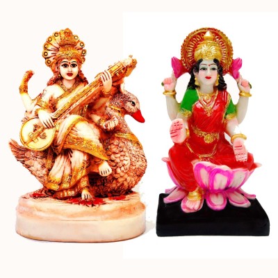 Green Value Goddess Saraswati and Laxmi idols Decorative Showpiece  -  18 cm(Polyresin, Multicolor)