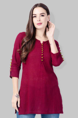 Fab Star Casual 3/4 Sleeve Solid Women Maroon Top