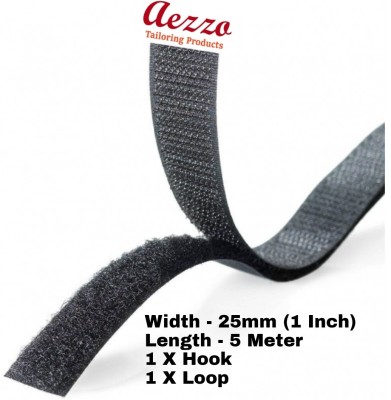 Aezzo 5 Meter Black Velcro 1Inch (25mm) Width Hook + Loop Sew-on Fastener tape roll strips Use in Sofas Backs, Footwear, Pillow Covers, Bags, Purses, Curtains etc. (5Meter Black) Sew-on Velcro(Black)