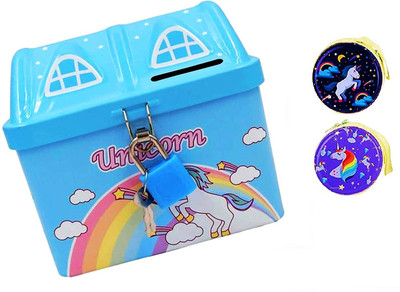 Crazycute Pack of 1 House Shape Unicorn Printed Metal Coin Bank Piggy Bank With 2 Small Metal coin Pouch for Kids with Lock and Key Coin Bank Design is Unicorn Imprint Coin Bank(Blue)