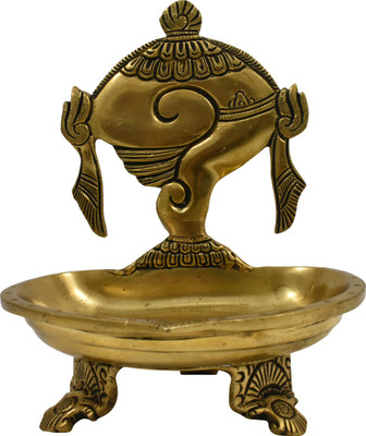 Radha A Unique Store Brass Fine Carved Standing Shankh Deepak Brass Table Diya(Height: 6.2 inch)