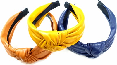 RAINBOW RETAIL multicolor PU Leather Stretchy headband criss cross hair accessory for women set of 3 Hair Band(Yellow, Blue, Orange)