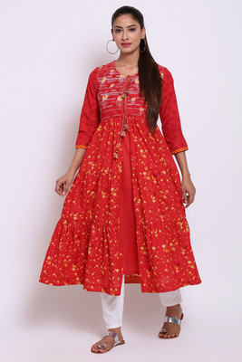 BIBA Women Printed Straight Kurta(Red)