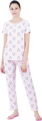 Sevnix Girls Printed Pink Night Suit Set