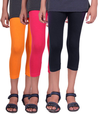 

Alisha Capri For Girls Casual Solid Cotton(Multicolor Pack of 3, Black;orange;rani