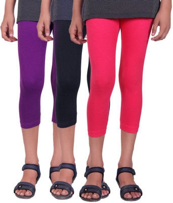 

Alisha Capri For Girls Casual Solid Cotton(Multicolor Pack of 3, Black;purple;rani