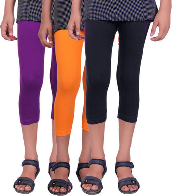 

Alisha Capri For Girls Casual Solid Cotton(Multicolor Pack of 3, Black;orange;purple