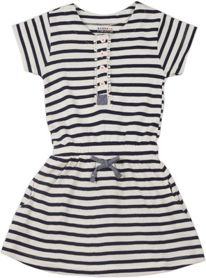 

People Girls Midi/Knee Length Casual Dress(White, Half Sleeve, Navy