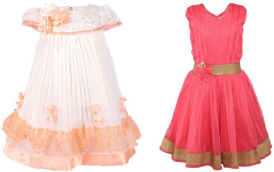 

La Bele Girl's Midi/Knee Length Party Dress(White, Cap sleeve, Peach & pink